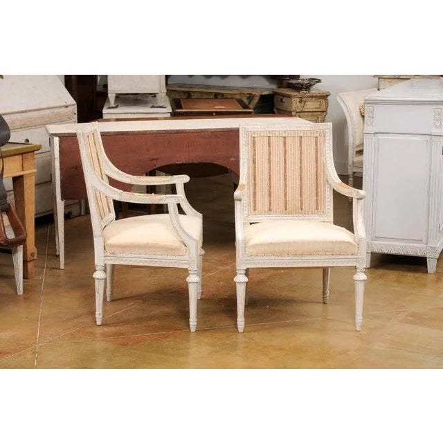 Early 20th Century 1900s Swedish Gustavian Style Painted Wood Armchairs with Carved Aprons - A Pair For Sale - Image 5 of 11