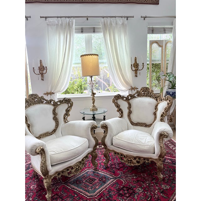 Late 20th Century Late 20th Century Pair of Ornate Rococo Revival Gilt Carved Armchairs Down Filled For Sale - Image 5 of 12