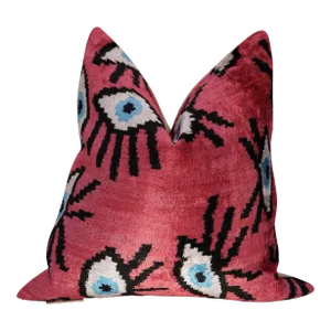 Contemporary Handmade Velvet Evil Eye Good Luck Throw Pillow & Down Feather Insert