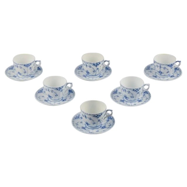 Blue Fluted Half Lace Coffee Cups & Saucers from Royal Copenhagen, Set of 12 For Sale