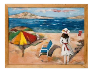 Surrealist Mediterranean Beach Scene Painting, circa 1983