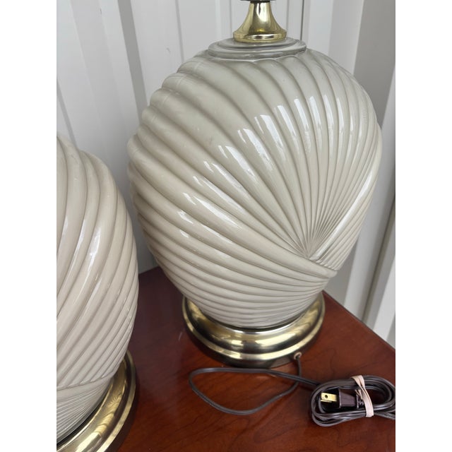 Ivory Sculptural Postmodern Ivory Ceramic Spiral Shell Table Lamps, 24”h, a Pair For Sale - Image 8 of 11