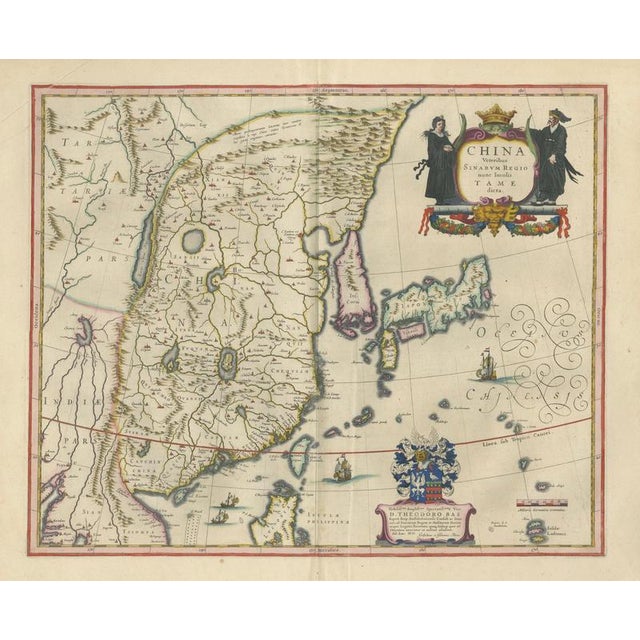 Antique Map of China, Japan & Korea with Cartouches and Ships from Blaeu, 1642 For Sale - Image 4 of 12
