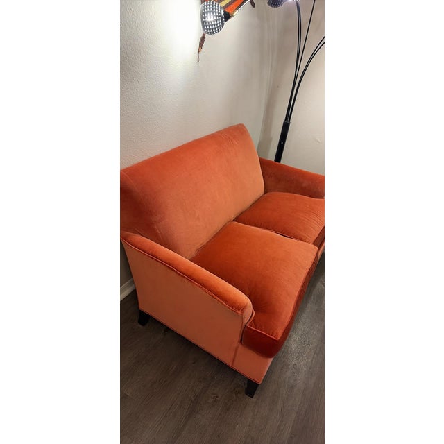 Burnt-Orange velvet loveseat custom crafted by Hickory Chair Furniture Co.