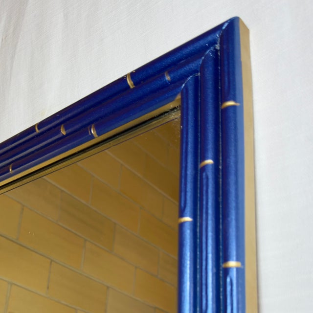Blue Chic Vintage Palm Beach Regency Medium Faux Bamboo Wall Mirror Newly Painted Blue With Hand Gilt Accents For Sale - Image 8 of 12