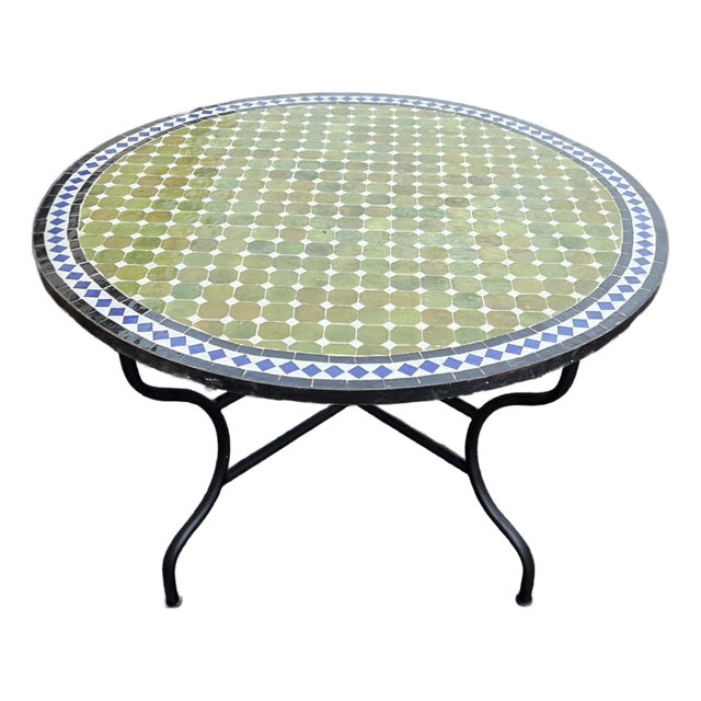48" Handcrafted Olive Green, Blue, Black and White Moroccan Mosaic Table For Sale