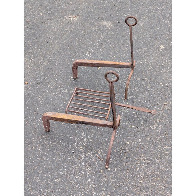 Early 20th Century Early 20th Century Antique Wrought Iron Fireplace Andirons and Grate For Sale - Image 5 of 11