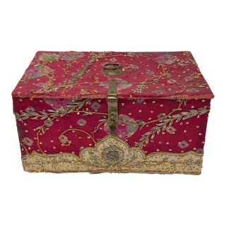 Vintage Red Embroidered Indian Fabric Box For Sale