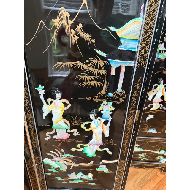 Vintage Chinese Black Lacquer 4-Panel Folding Screen Room Divider - Soapstone & Mother-of-Pearl Inlay For Sale - Image 18 of 18