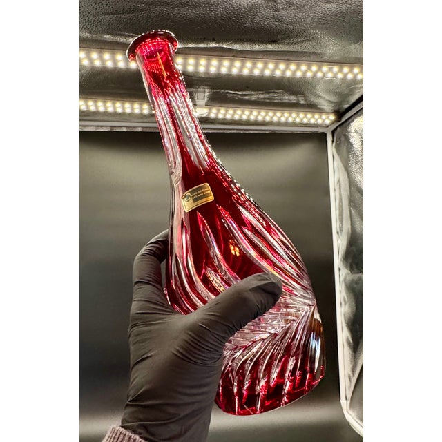 Vintage Lausitzer German Cranberry Cut Crystal Decanter For Sale - Image 12 of 16