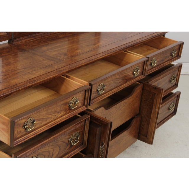 1980s Thomasville Oak Long Dresser W. Trifold Mirror For Sale - Image 5 of 18