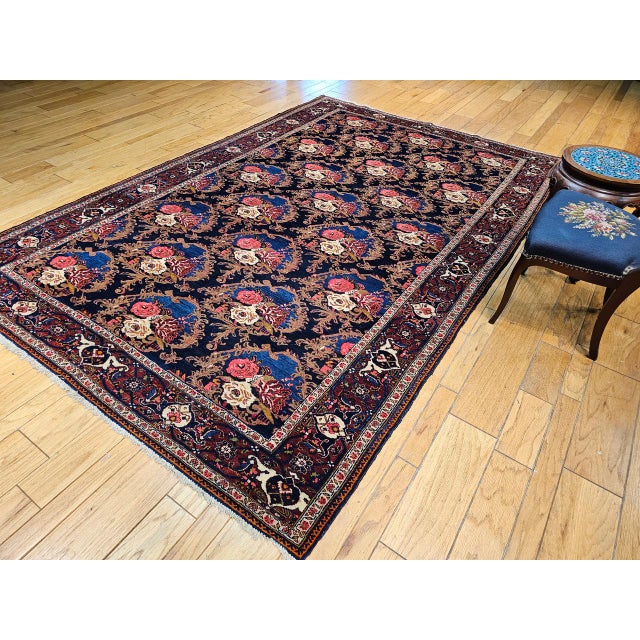 Persian Vintage Persian Tabriz Area Rug, Hand-Knotted Wool, Allover Floral Gol Farang Pattern, Navy & Red, 7x11 For Sale - Image 3 of 14