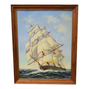 Vintage Framed Seascape Oil on Board by Valerie Ploshay of a Clipper Ship