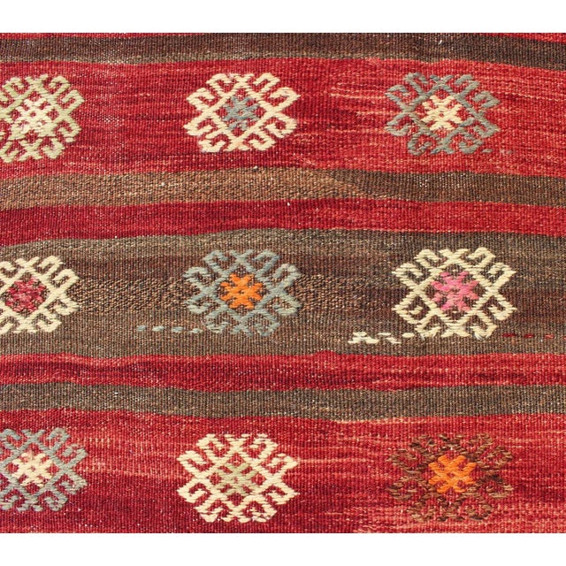 Colorful Red and Brown Striped Turkish Kilim Rug With Geometric Shapes For Sale - Image 10 of 13