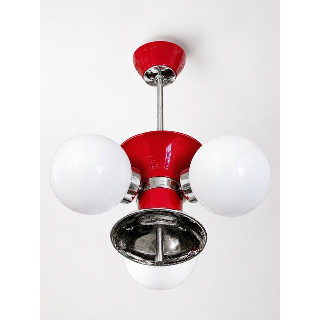 Space Age Pendant Lamp with Three Globes in Red Lacquered Metal, Chrome and Opal Glass, 1970s For Sale - Image 6 of 6