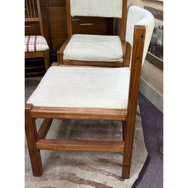 Mid-Century Modern Mid Century Angular Wood Dining Chairs With Thick Linen Upholstery For Sale - Image 3 of 7