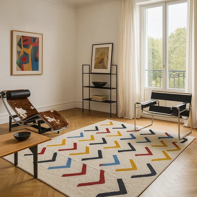 Bring the kinetic energy and whimsical charm of mid-century abstract art to your floor with this monumental textile...
