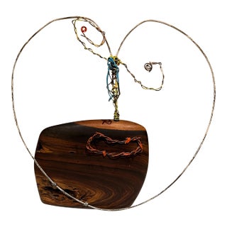 2010s Modernist Metal Art Wire Sculpture Abstract Face on Exotic Wood Base For Sale