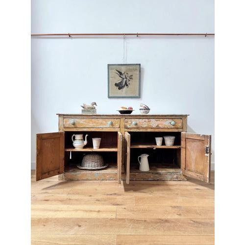 Irish 19th century pine dry scraped long sideboard, perfect for characterful storage. Layers of old paint showing....