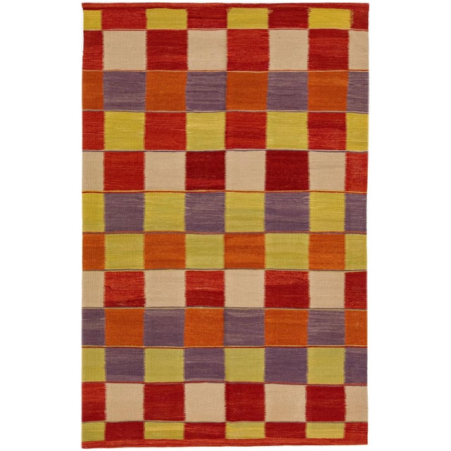 Textile 2020s Modern Kilim Handmade Multicolor Geometric Wool Rug For Sale - Image 7 of 7