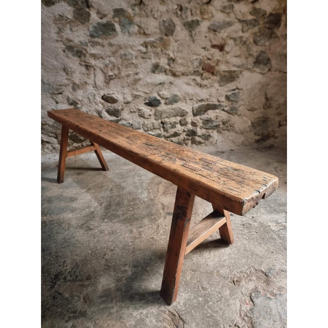 Antique Wooden Bench with Pine Seat and Chestnut Base, 1890s For Sale - Image 5 of 11