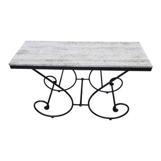 Mid 20th Century Hollywood Regency Stone Top Table With Sculptural Wrought Iron Scroll Base For Sale