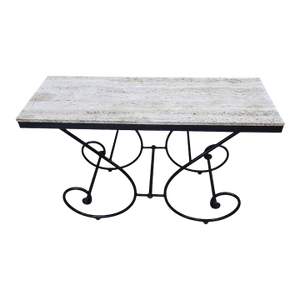 Mid 20th Century Hollywood Regency Stone Top Table With Sculptural Wrought Iron Scroll Base