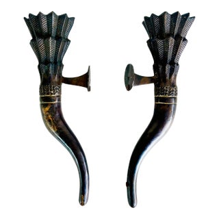 Late 20th Century Large Bronze Horn Torch Candle Sconces With Flared Feather Tops For Sale