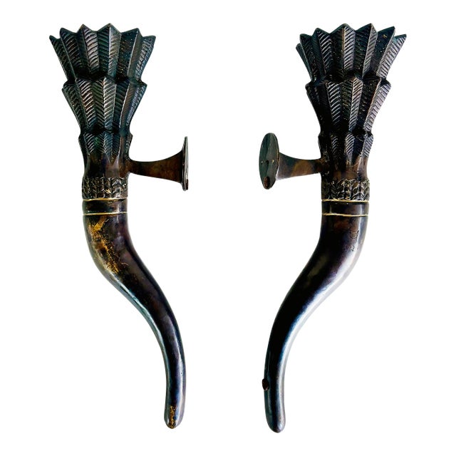 Late 20th Century Large Bronze Horn Torch Candle Sconces With Flared Feather Tops For Sale