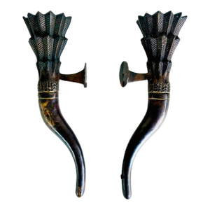 Late 20th Century Large Bronze Horn Torch Candle Sconces With Flared Feather Tops