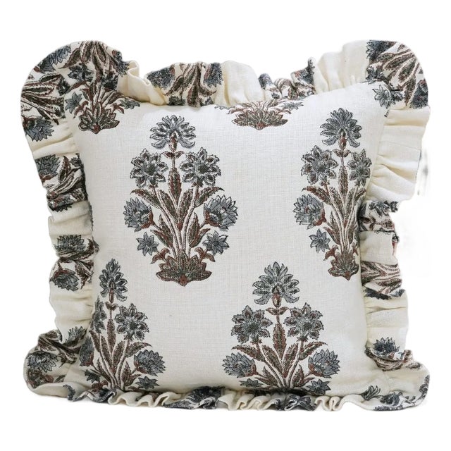 Fabdivine Artistic Block Print Fril Pillow Cover Gray 14x20 Inch Off-White Linen- Morpankh For Sale