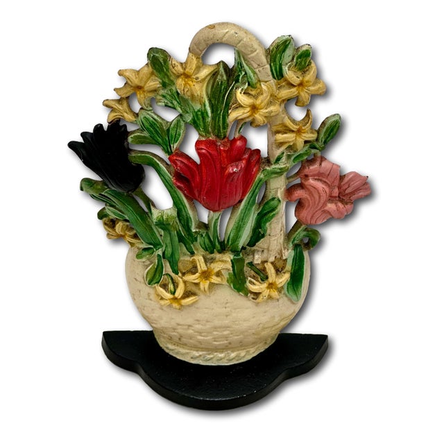Metal Hard to Find 1930s Hubley MFG Co. Tulips & Hyacinths Flower Basket Cast Iron Doorstop in Pristine Cond. For Sale - Image 7 of 18