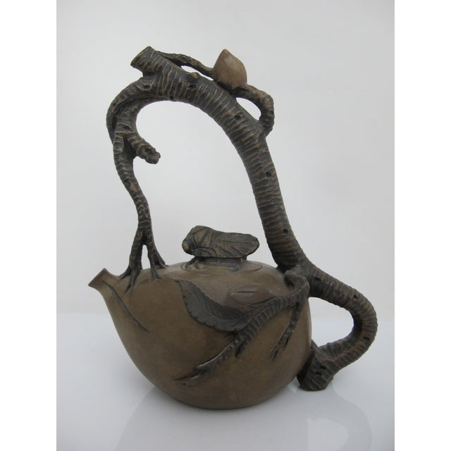 Chinese Yixing Zisha Clay Peach Branch Teapot With Cicada Finial Lid For Sale - Image 12 of 15