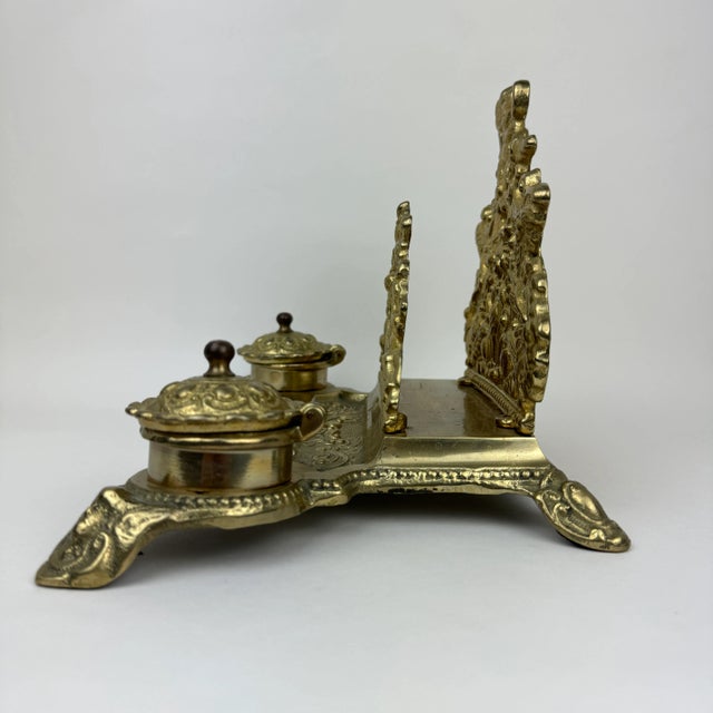 1960s Ornate Brass Double Inkwell With Letter Organizer For Sale - Image 11 of 12