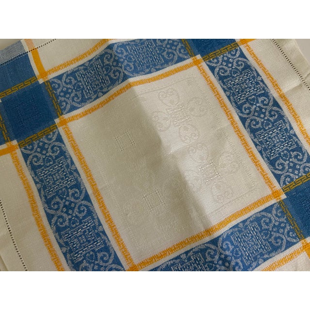 French Country Vintage European Linen Napkins, Blue & Mustard Jacquard Plaid With Damask Border, Hemstitched - Set of 6 For Sale - Image 3 of 12