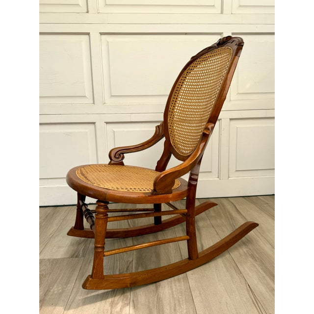 Antique Victorian Carved Wood Hand-Caned Rocking Chair For Sale - Image 15 of 17