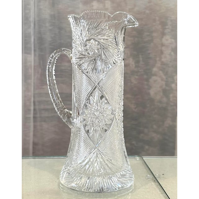 Vintage Brilliant Cut Glass Signed Yasemin Large Clear Cut Water Pitcher For Sale - Image 9 of 9