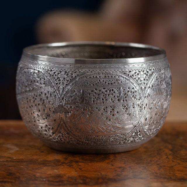 Antique Burmese Pierced Silver Pyusawhti Folk Tale Bowl, 1918 For Sale - Image 16 of 17