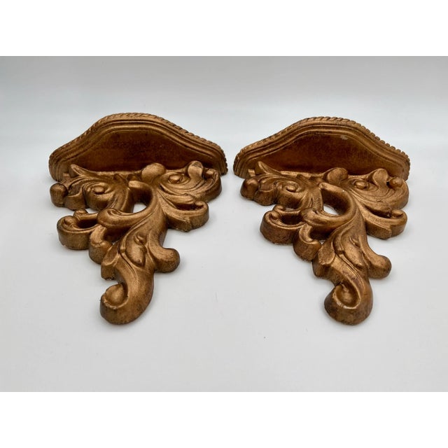 Rococo 1980s Italian Baroque French Rococo Gold Gilt Plaster Wall Brackets - a Pair For Sale - Image 3 of 11