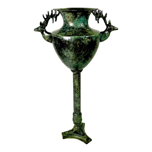 1970s Vintage Neoclassical English Stag Head Faux Verdigris Green Tole Pedestal Urn Vase. For Sale