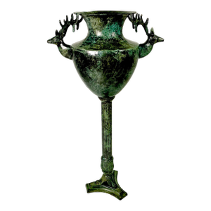 1970s Vintage Neoclassical English Stag Head Faux Verdigris Green Tole Pedestal Urn Vase