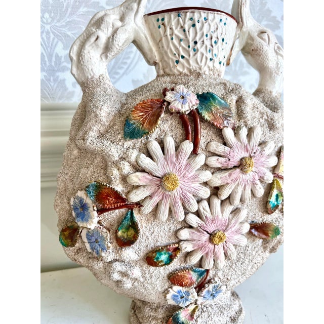 Antique Majolica-Style Textured Floral Vase With Ram Head Handles For Sale In Charlotte - Image 6 of 7