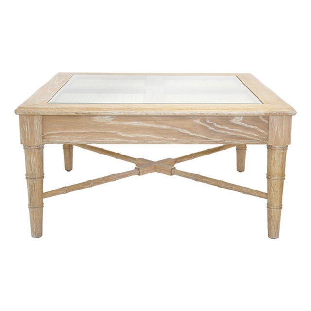 Matthew Izzo Home Noreen Cerused Oak & Glass Top Coffee Table W/Cane Inset For Sale
