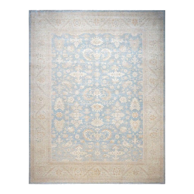 Afghan Oushak Wool 12x15 Blue & Ivory Handmade Area Rug #1142741 For Sale