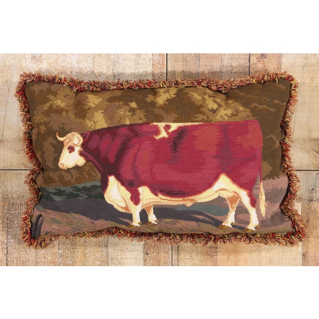 Antique French Needlepoint Shorthorn Ox Tapestry Pillow - 02'09 X 01'09 For Sale - Image 9 of 10