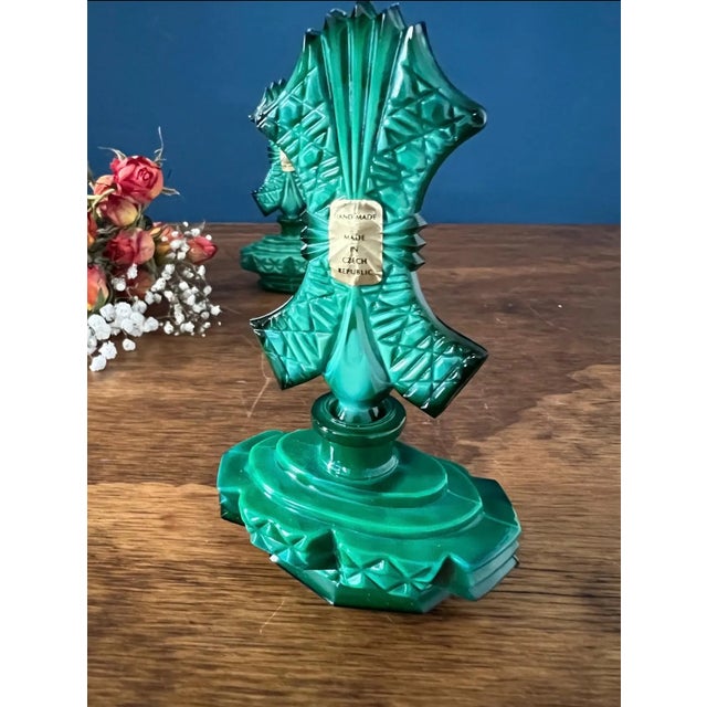 Art Deco Malachite Glass Perfume Bottles Pair For Sale - Image 10 of 18