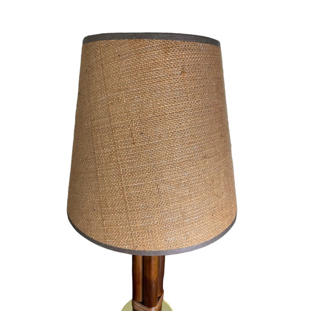 1970s 1970s Rattan and Brass Table Lamps With Burlap Shades - a Pair For Sale - Image 5 of 11
