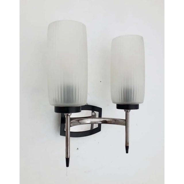Vintage Italian wall light with frosted glass cone diffusers mounted on nickel and black frame / Made in Italy, circa...