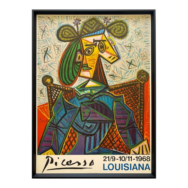 Pablo Picasso Vintage 1968 Mid Century Danish Modern Lithograph Print Framed Cubist Exhibition Poster " Femme Assise Dans Un Fauteuil " 1941 For Sale