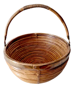 Italian Fruit Basket in Rattan with Brass Rim and Handle, 1960s-1970s
